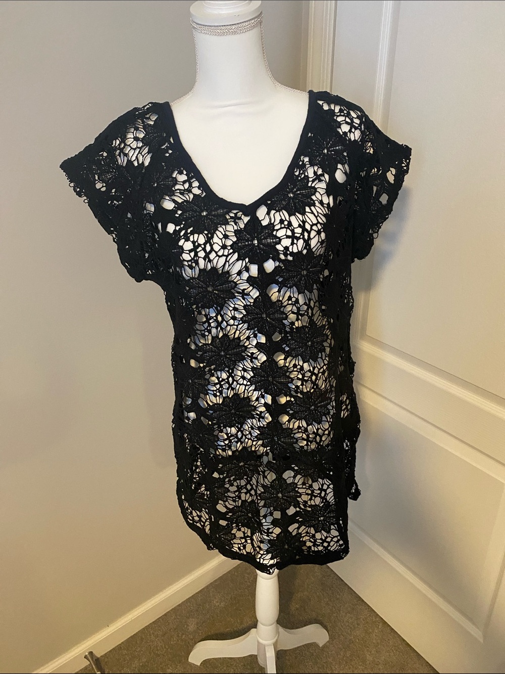 Black Crochet Floral Tunic Cover-Up